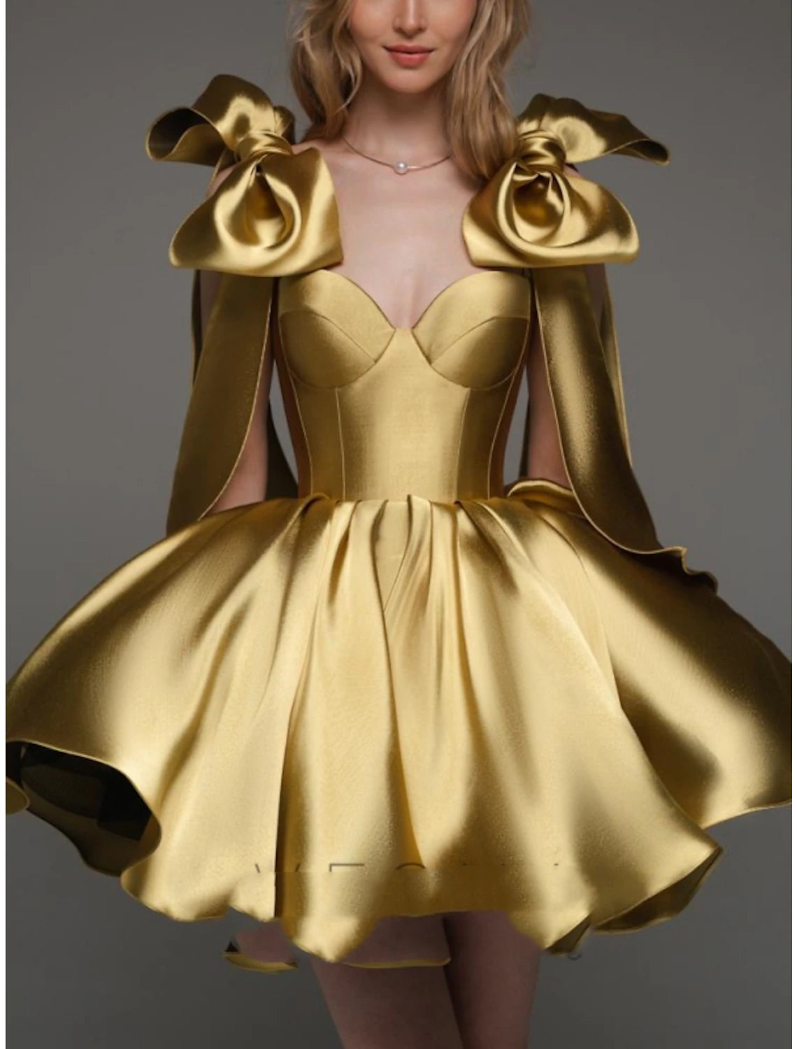 Gold Satin A-Line Short Evening Dress with Sculptural Shoulder Bows