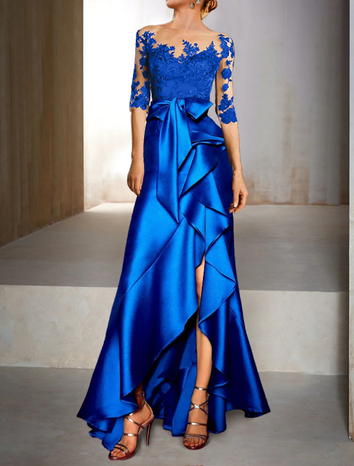 Royal Blue Satin A-Line Floor-Length Evening Dress