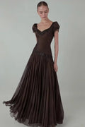Espresso Chiffon A-Line Scoop-Neck Low-Back Floor-Length Dress Front View - Jimiss