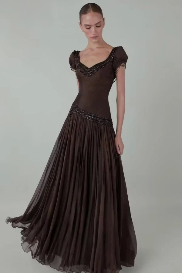 Espresso Chiffon A-Line Scoop-Neck Low-Back Floor-Length Dress Front View - Jimiss