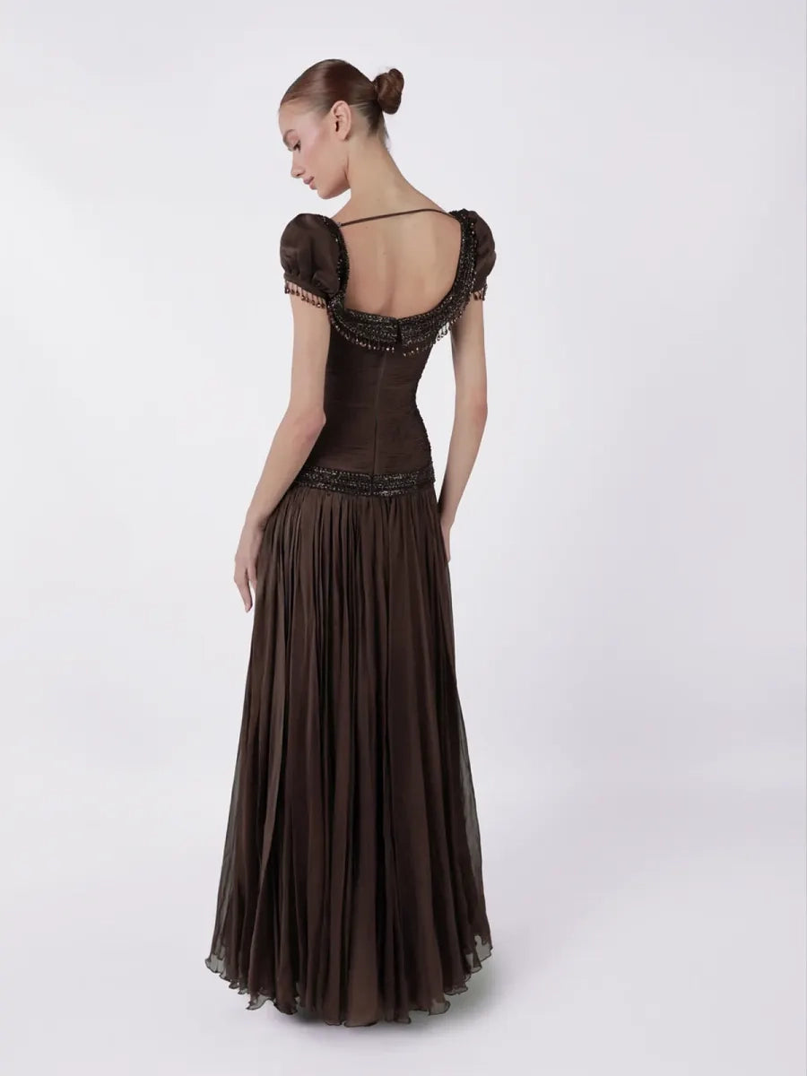Espresso Chiffon A-Line Scoop-Neck Low-Back Floor-Length Dress - Jimiss