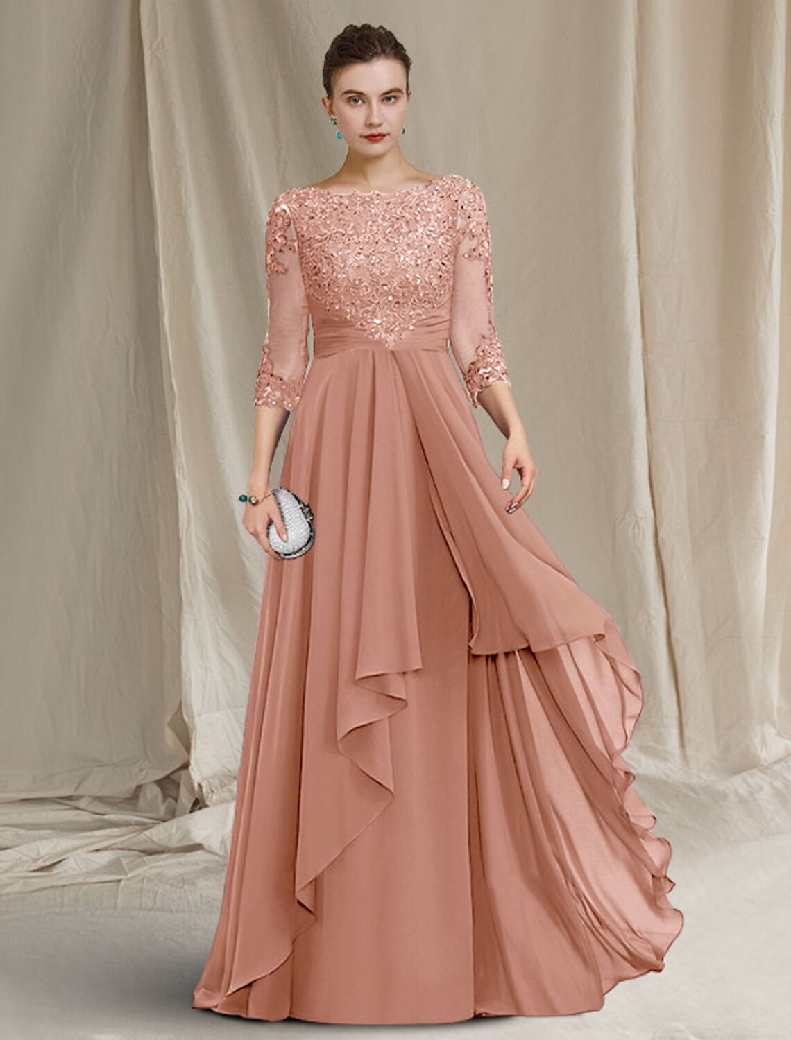 Vestido de madre de la novia de corte A, lujoso y elegante, con escote joya, largo hasta el suelo, de gasa, encaje con lentejuelas, manga 3/4 con pliegues y apliques de cuentas.