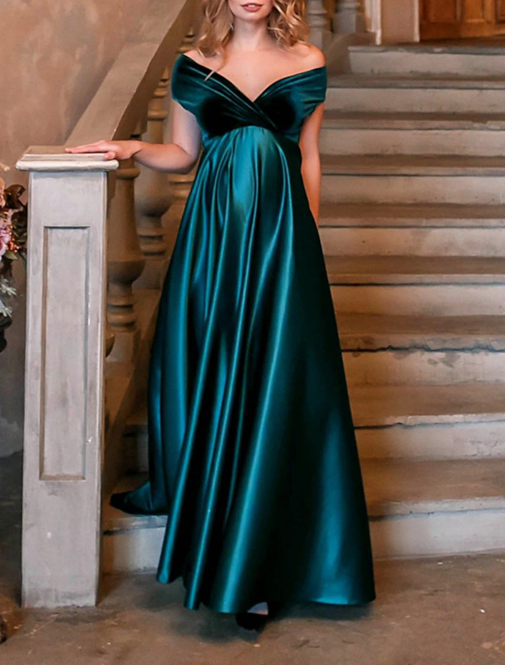 Emerald Satin Off-the-Shoulder A-Line Floor-Length Bridesmaid Dress