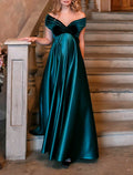 Emerald Satin Off-the-Shoulder A-Line Floor-Length Bridesmaid Dress