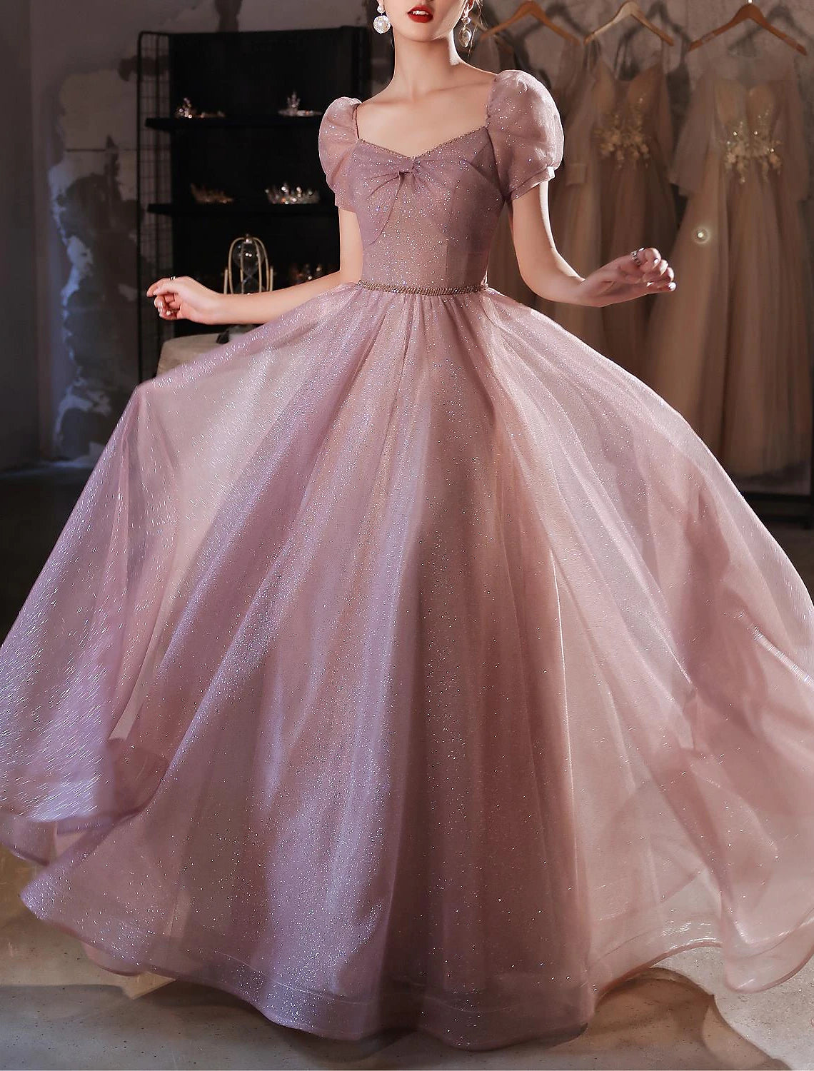 Vestido elegante de fiesta, formal, de noche, de cumpleaños, con escote corazón, manga corta, largo hasta el suelo, de encaje con cuentas, con espalda hermosa