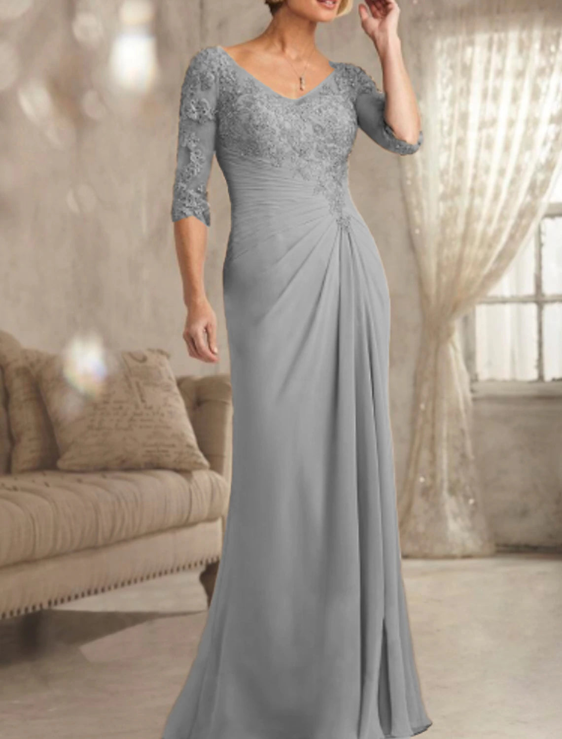 Abito da cerimonia per la madre della sposa, a tubino, con scollo a V, sexy, trasparente, lungo fino al pavimento, in chiffon e pizzo, a mezza manica con pizzo