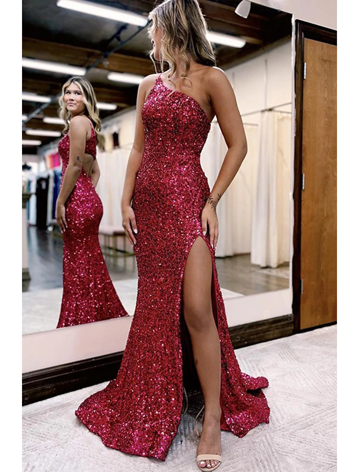 Red Sequin One Shoulder Mermaid Floor-Length Evening Dress with High Slit