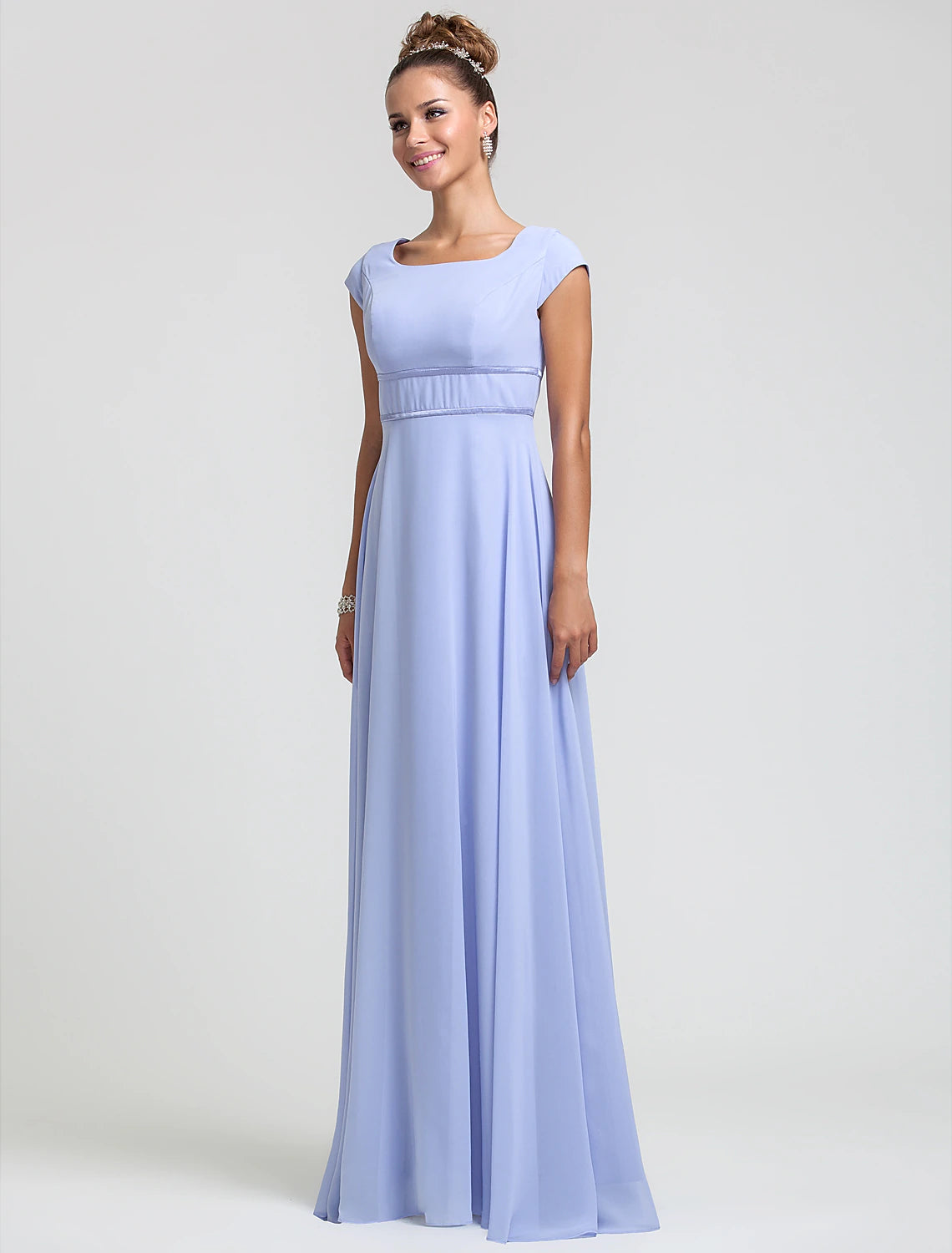 Orange Chiffon A-Line Floor-Length Bridesmaid Dress with Square Neck & Cap Sleeves