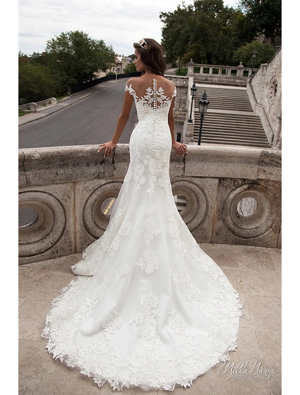 Vestidos de novia formales de corte sirena/trompeta con hombros descubiertos, mangas cortas, cola de corte, encaje y apliques para bodas de verano y fiestas. Ropa para mujer.
