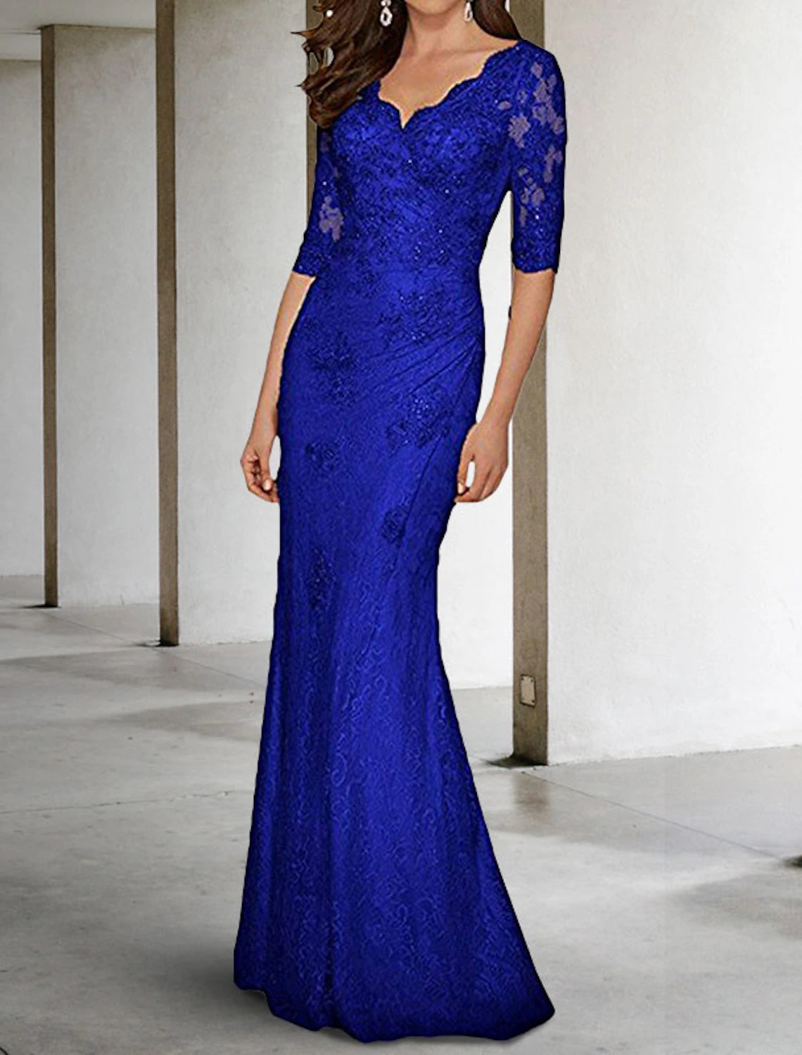 Abito da sposa a sirena/tromba, per la madre della sposa, taglie forti, sexy, scollo a V, strascico a ruota, in chiffon, pizzo, mezza manica con applicazioni in pizzo, autunno