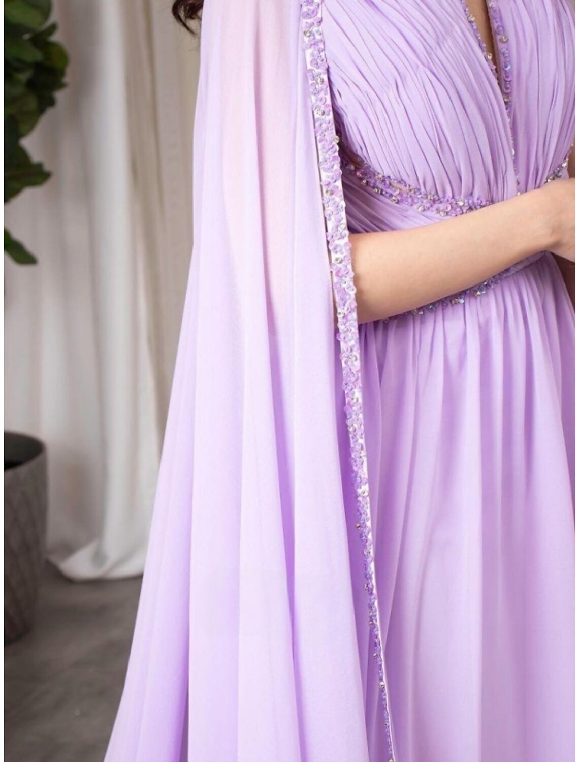 Lavender Chiffon A-Line Floor-Length V-Neck Gown with Pleated Bodice & Flowing Cape Sleeves