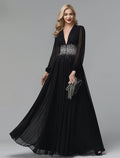 Vestido de noche de corte A, vestido formal de celebridad para alfombra roja, vestido de fiesta, corbata negra, para invitados de boda, largo hasta el suelo, manga larga, cuello en V, gasa con lentejuelas