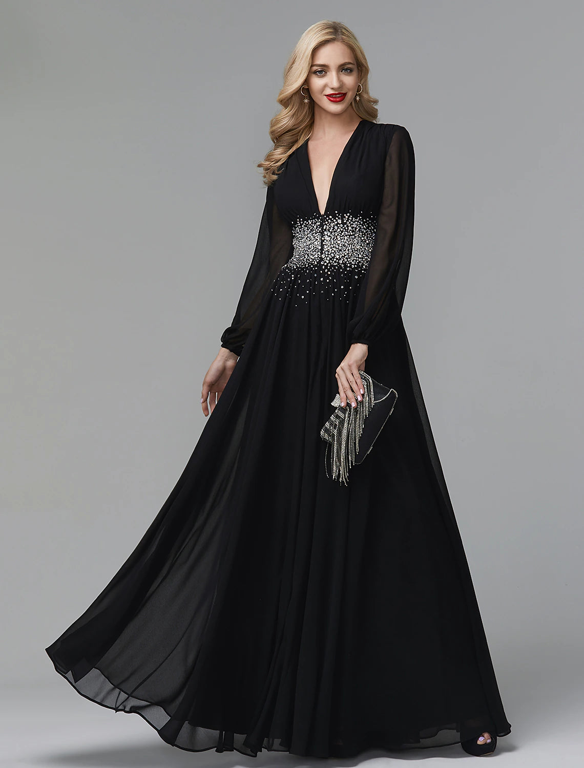 Vestido de noche de corte A, vestido formal de celebridad para alfombra roja, vestido de fiesta, corbata negra, para invitados de boda, largo hasta el suelo, manga larga, cuello en V, gasa con lentejuelas