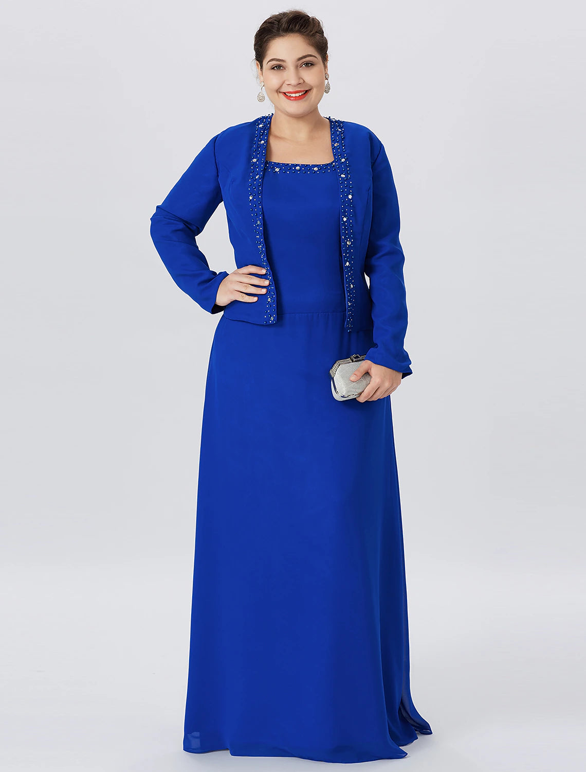 Abito da madre della sposa a trapezio, formale, classico e intramontabile, elegante e lussuoso, taglie forti, spalline, lunghezza pavimento, chiffon, pizzo, maniche lunghe, coprispalle incluso, con perle e cristalli.