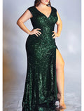 Emerald Sequin V-Neck Sheath/column Floor-Length Dress with Ruched Bodice & High Slit