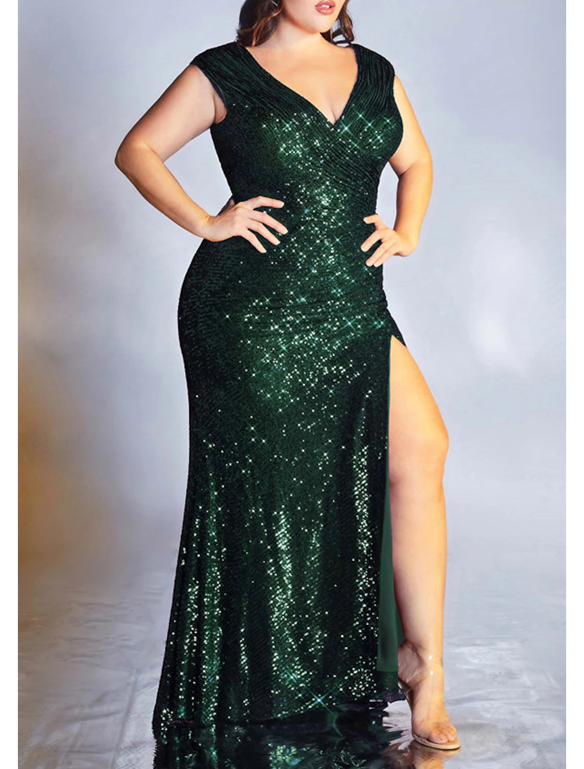 Emerald Sequin V-Neck Sheath/column Floor-Length Dress with Ruched Bodice & High Slit