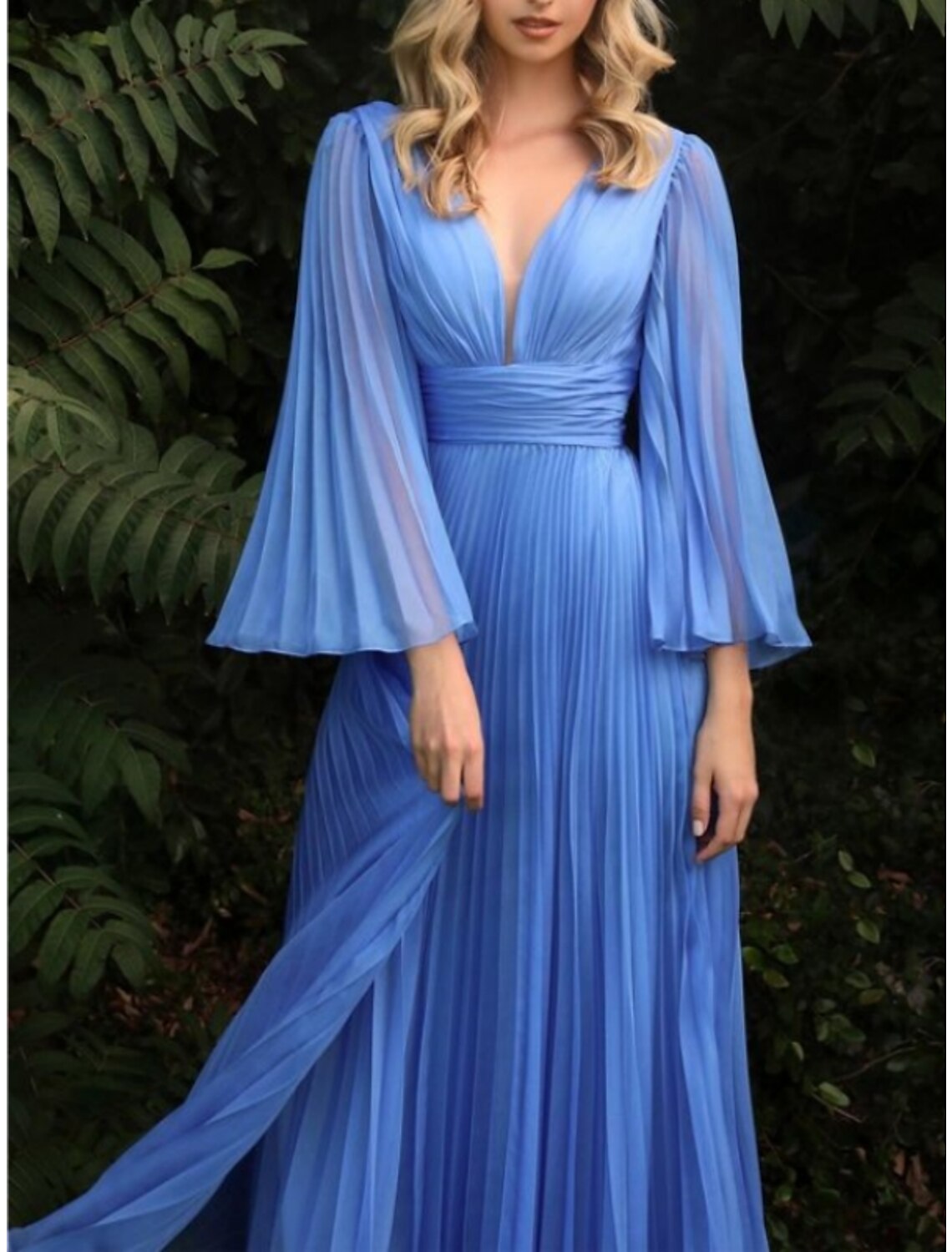 Teal Chiffon A-Line Plunging V-Neck Floor-Length Gown