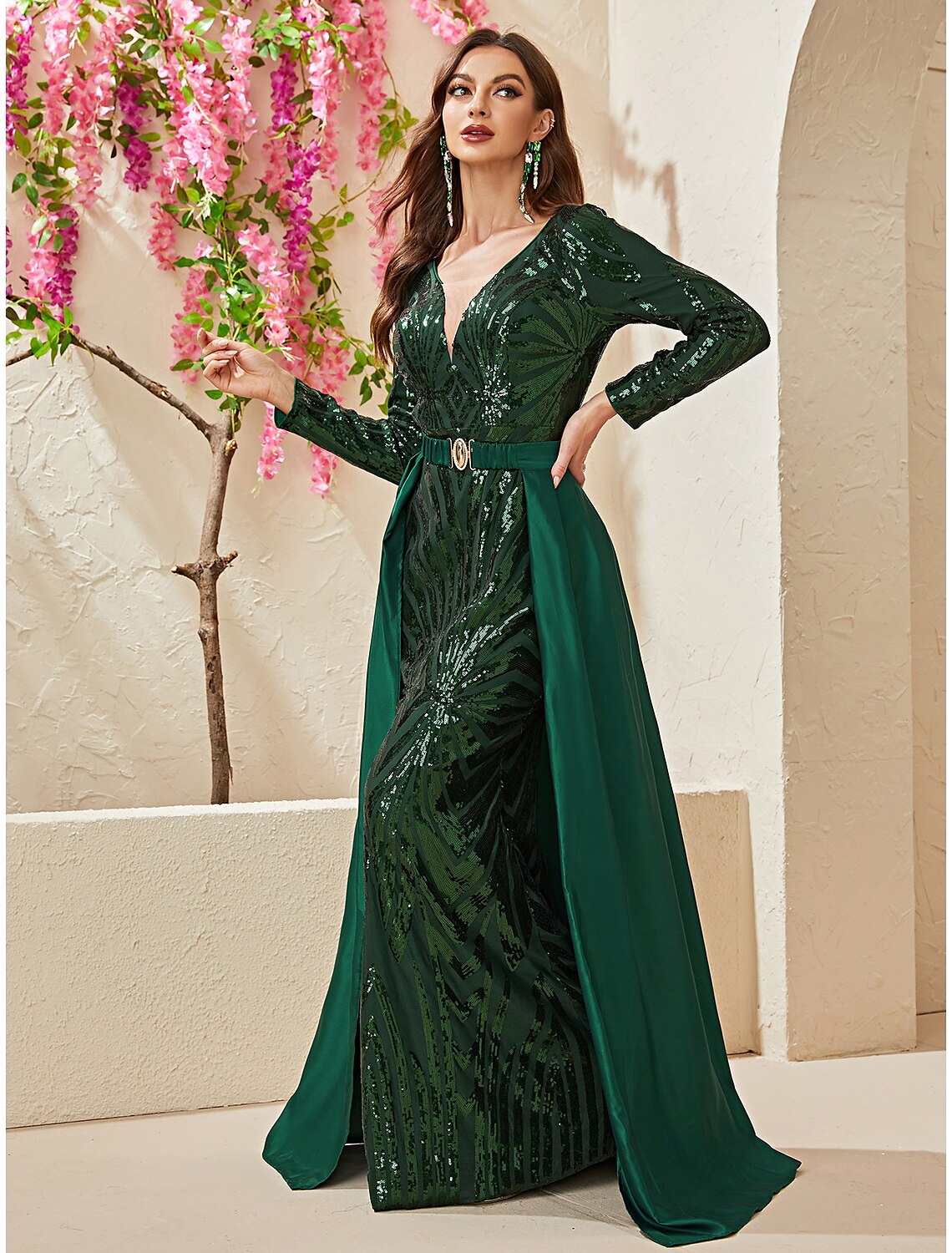 Vestido de noche sirena/trompeta con brillo y brillo, vestido formal de boda con cola larga, escote en V, poliéster desmontable y sobrefalda de lentejuelas.