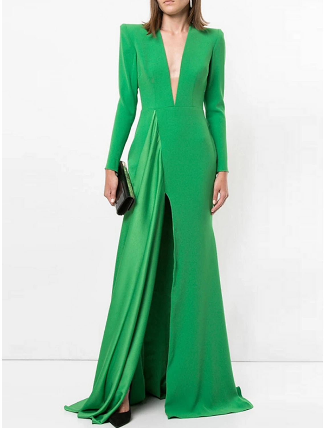 A-Line Evening Gown Elegant Black Champagne Dress Plus Size Dress Formal Sweep / Brush Train Long Sleeve V Neck  Fabric with Pleats Slit