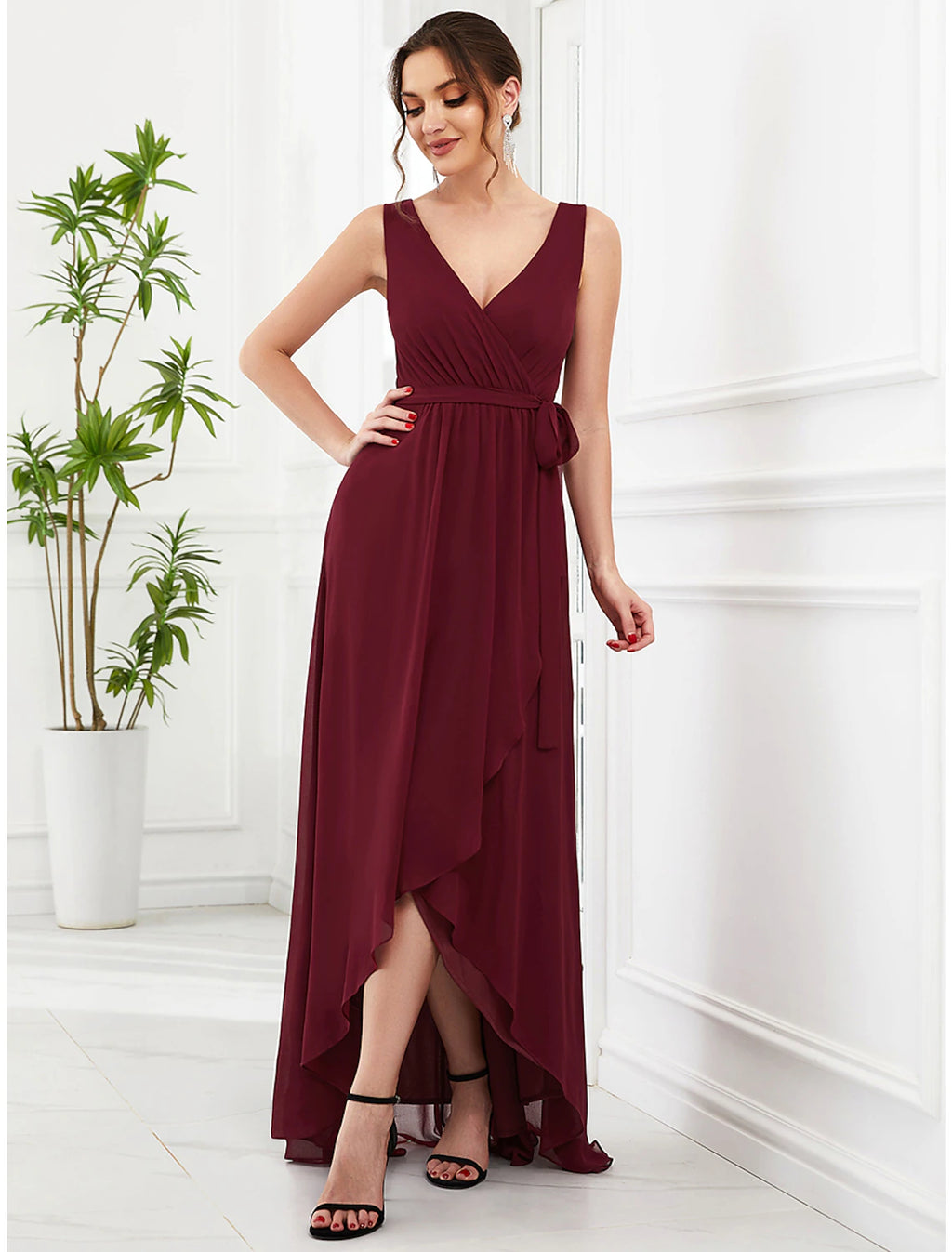 Burgundy Chiffon A-Line V-Neck Asymmetrical Pleated Dress