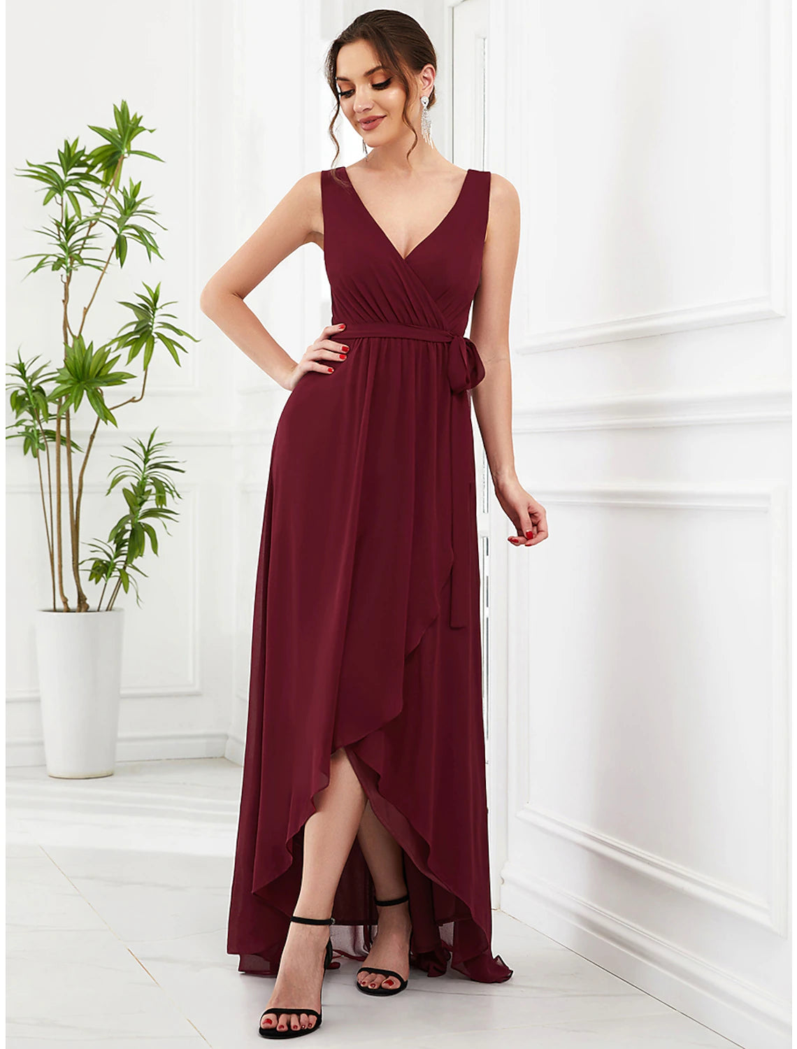 Burgundy Chiffon A-Line V-Neck Asymmetrical Pleated Dress