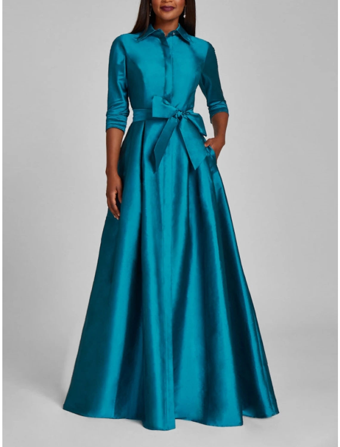 Vestido de noche de satén corte A, minimalista, dorado champán, negro, navideño, rojo y verde, formal, otoño, largo hasta el suelo, media manga, cuello camisero con lazo(s), pliegues, 2025