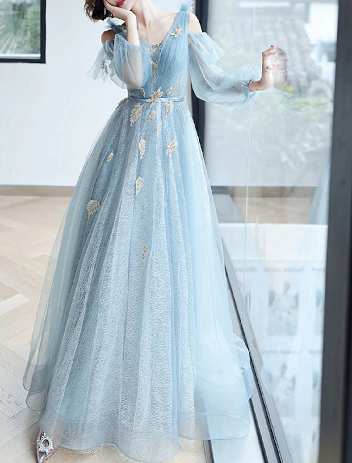 A-Line Sparkle & Shine Puffy Prom Formal Evening Dress V Neck Long Sleeve Floor Length Polyester with Sequin Butterfly