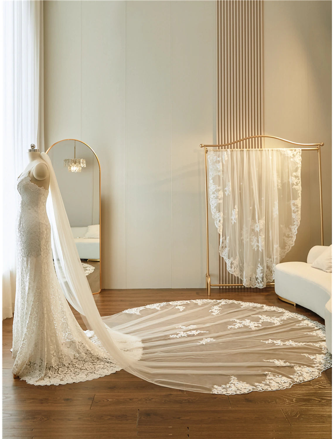 Ivory Lace Sheath/column Gown with Sweetheart Neckline & Embroidered Veil
