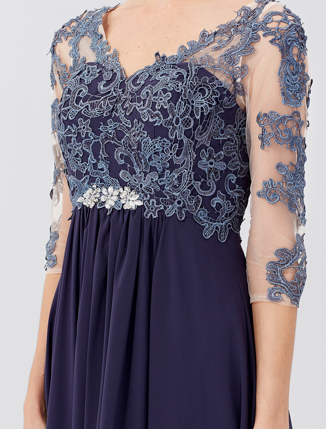 Vestido de fiesta de corte A para madre de la novia, formal, talla grande, elegante, escote en V, largo hasta el suelo, gasa, encaje transparente, manga 3/4 con apliques de cristales