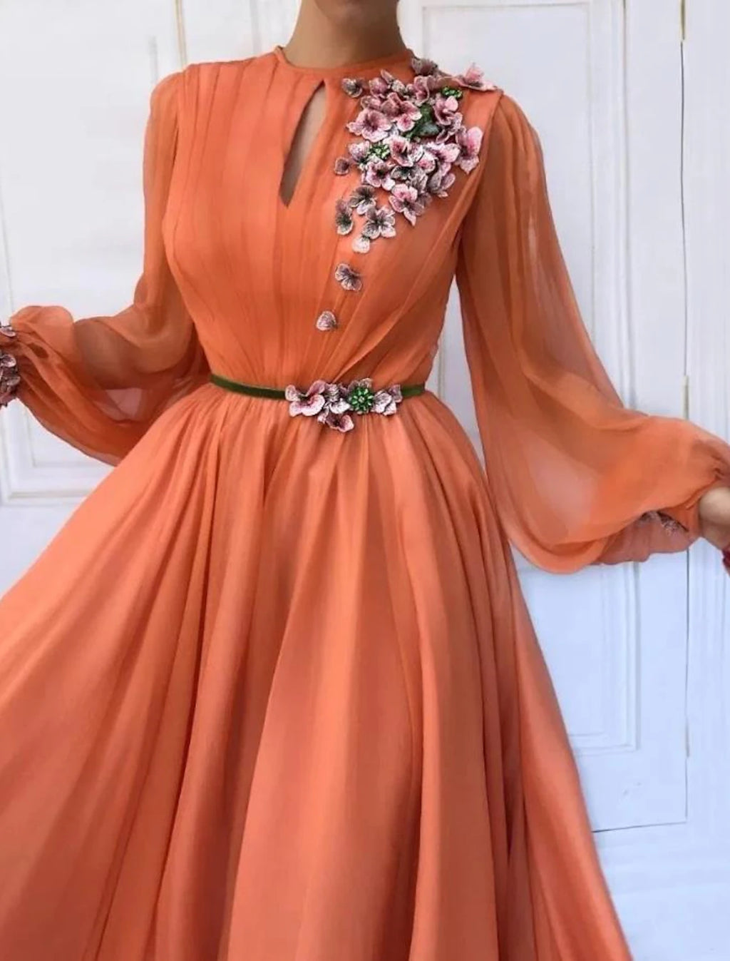 Orange Chiffon A-Line Floor-Length Dress with Keyhole Neck & 3D Floral Appliques