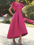 Vestido de cóctel elegante de corte A, semiformal, asimétrico, sin mangas, con escote en V, para invitada de boda de otoño, tejido con volantes.