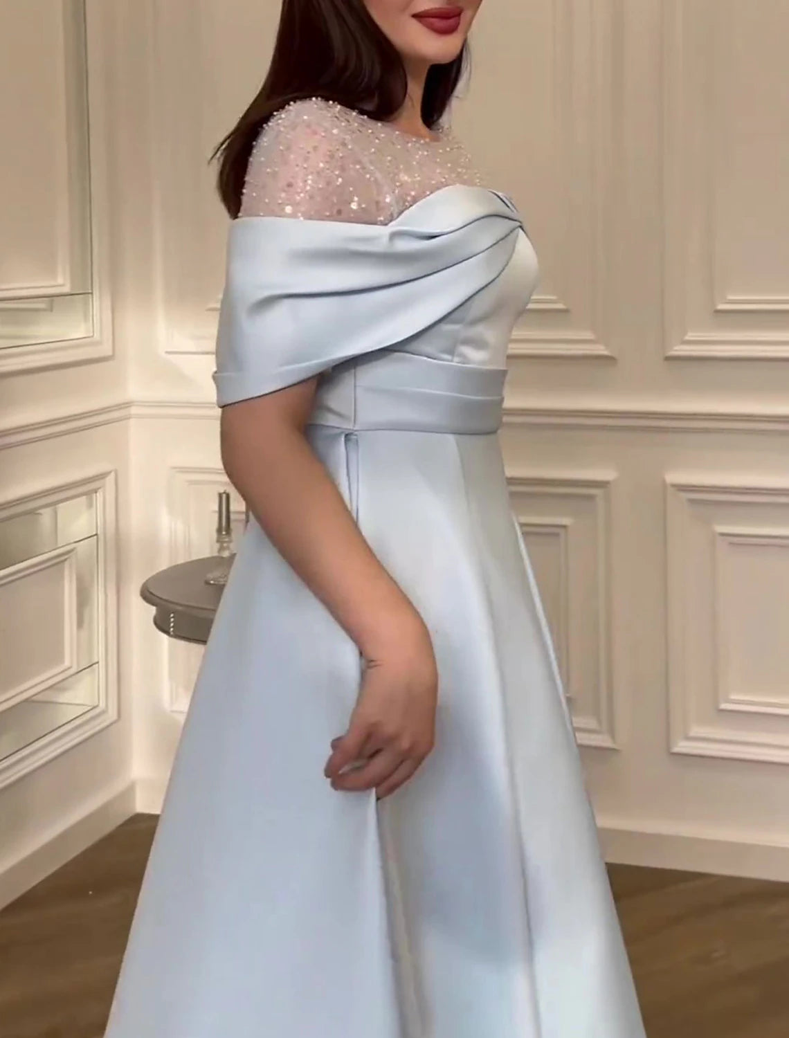 Sky Blue Satin Off-the-Shoulder A-Line Floor-Length Dress with Beaded Bodice
