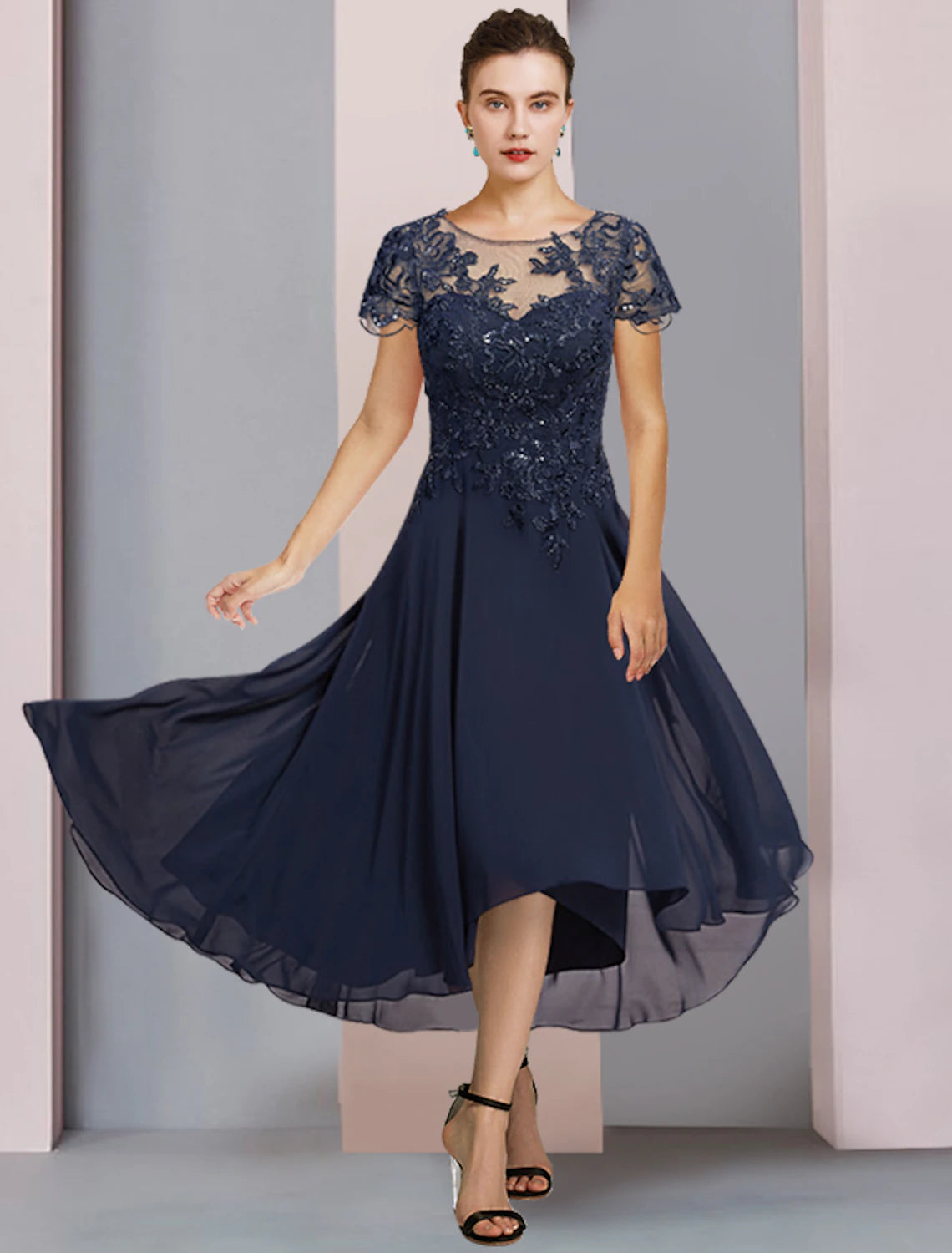 Dark Navy Chiffon A-Line High-Low Dress with Lace Bodice