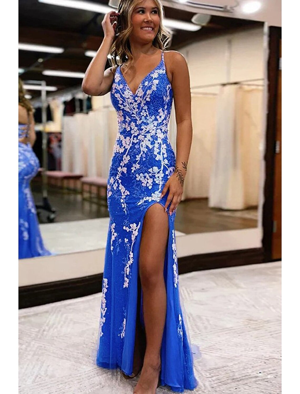Royal Blue Tulle Sheath/column V-Neck Floor-Length Dress with High slit & Criss-Cross Straps