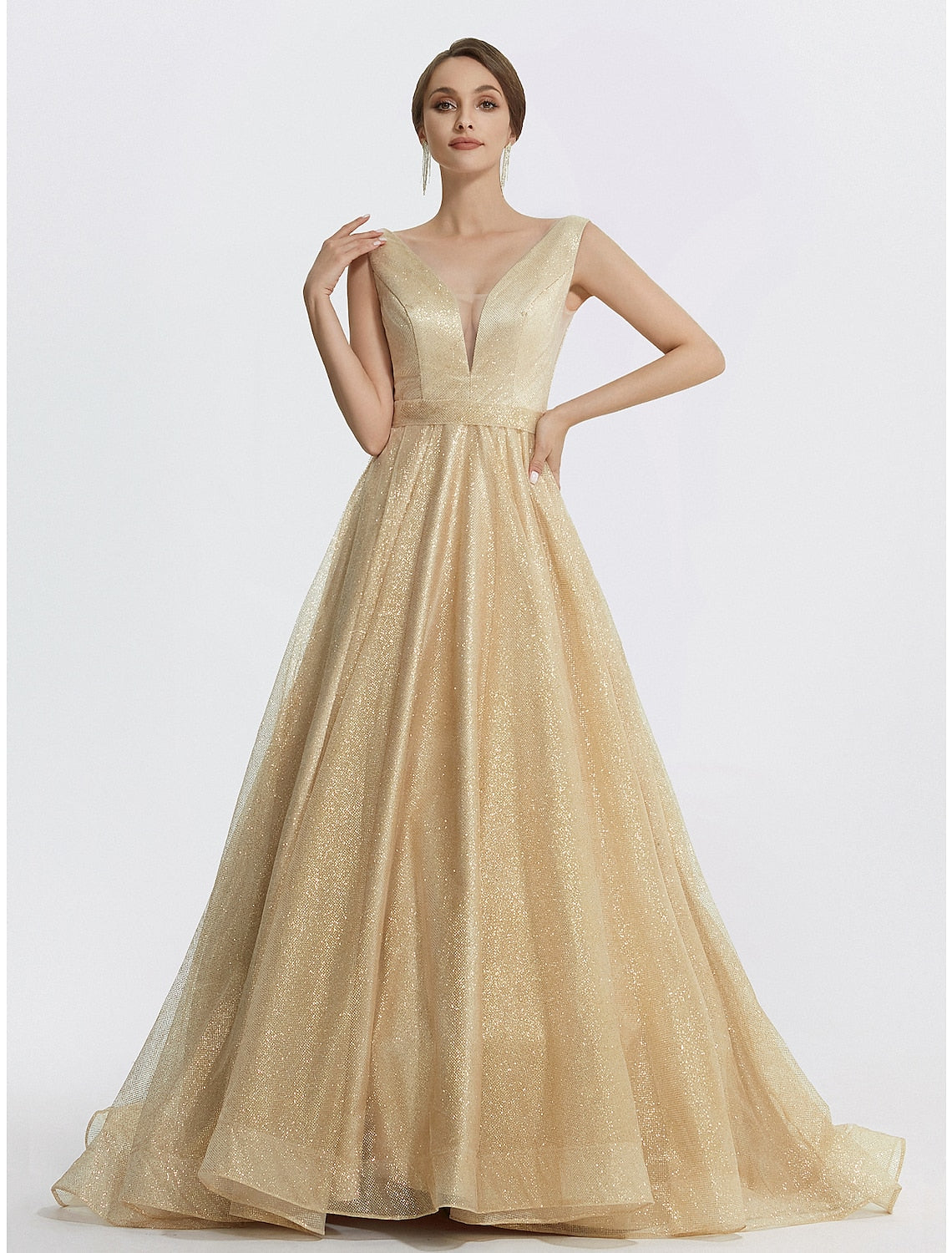 Vestido de fiesta con brillo, para boda, quinceañera, largo hasta el suelo, sin mangas, cuello en V, tul con brillo