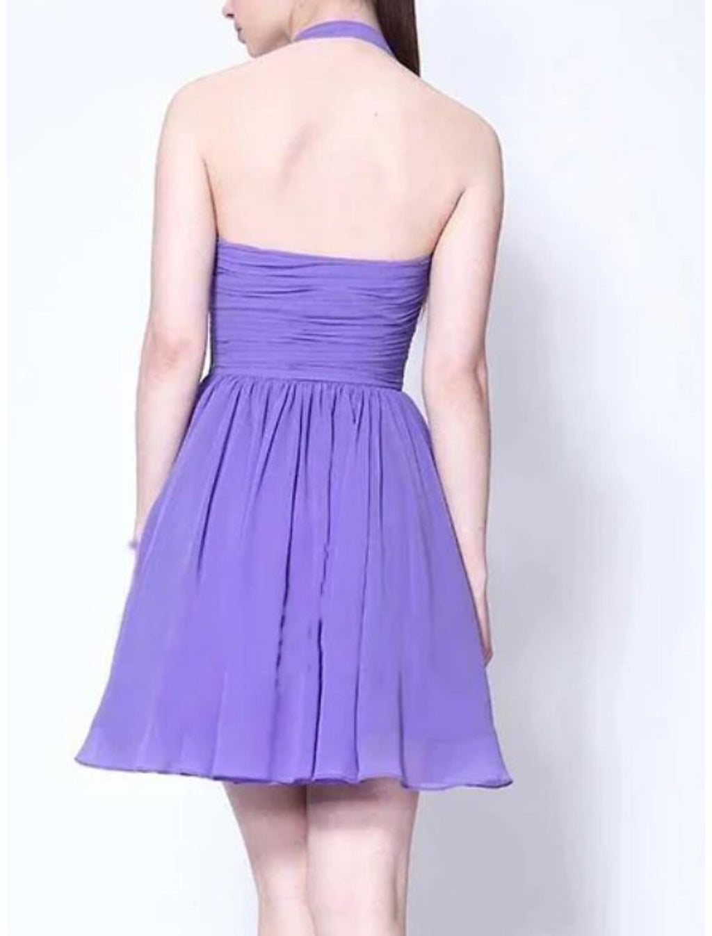 Lilac Chiffon A-Line Short Dress with Halter Neckline & Ruched Bodice