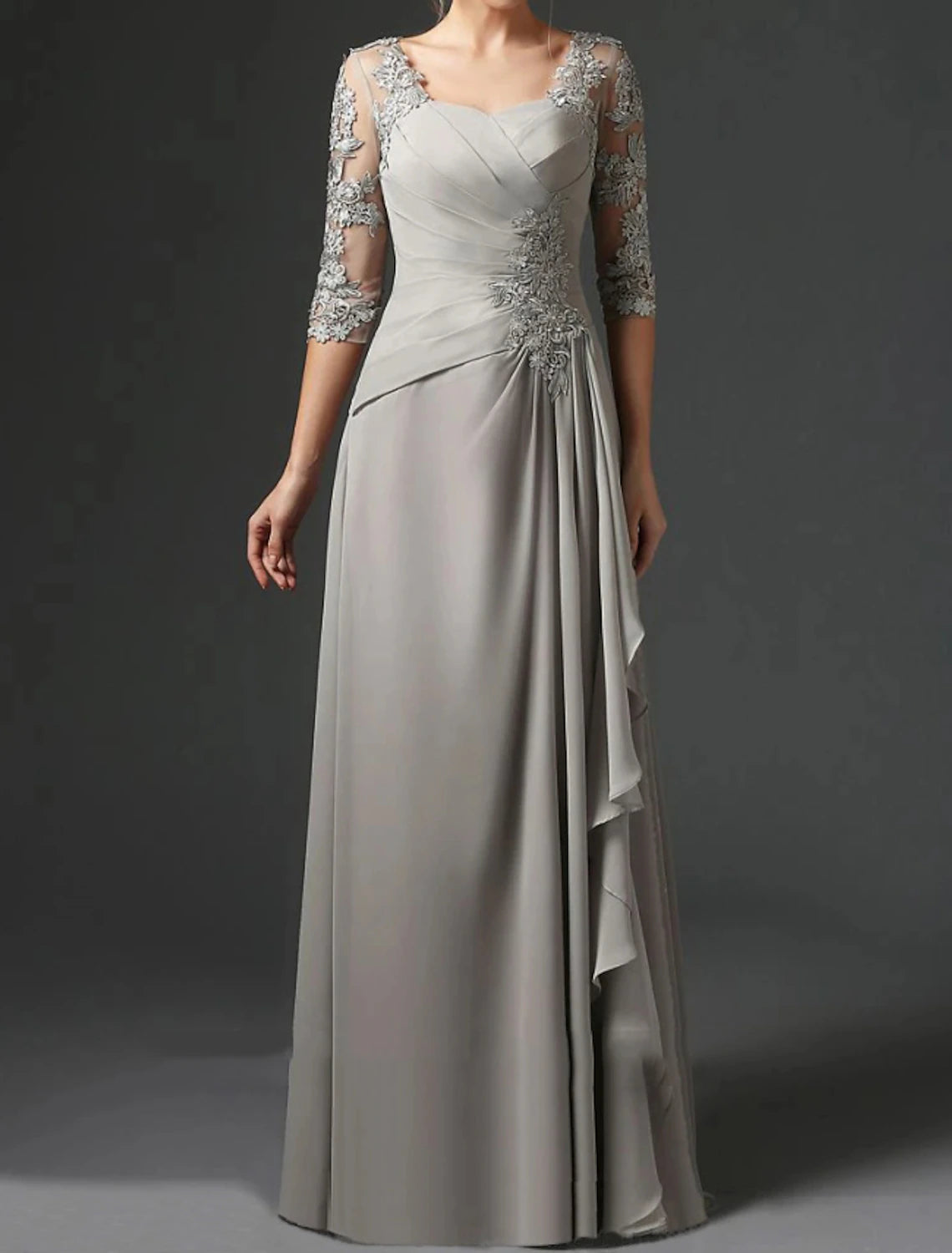 Abito da cerimonia per la madre della sposa, a tubino, elegante, con scollo quadrato, lunghezza pavimento, in chiffon e pizzo, mezza manica con arricciature