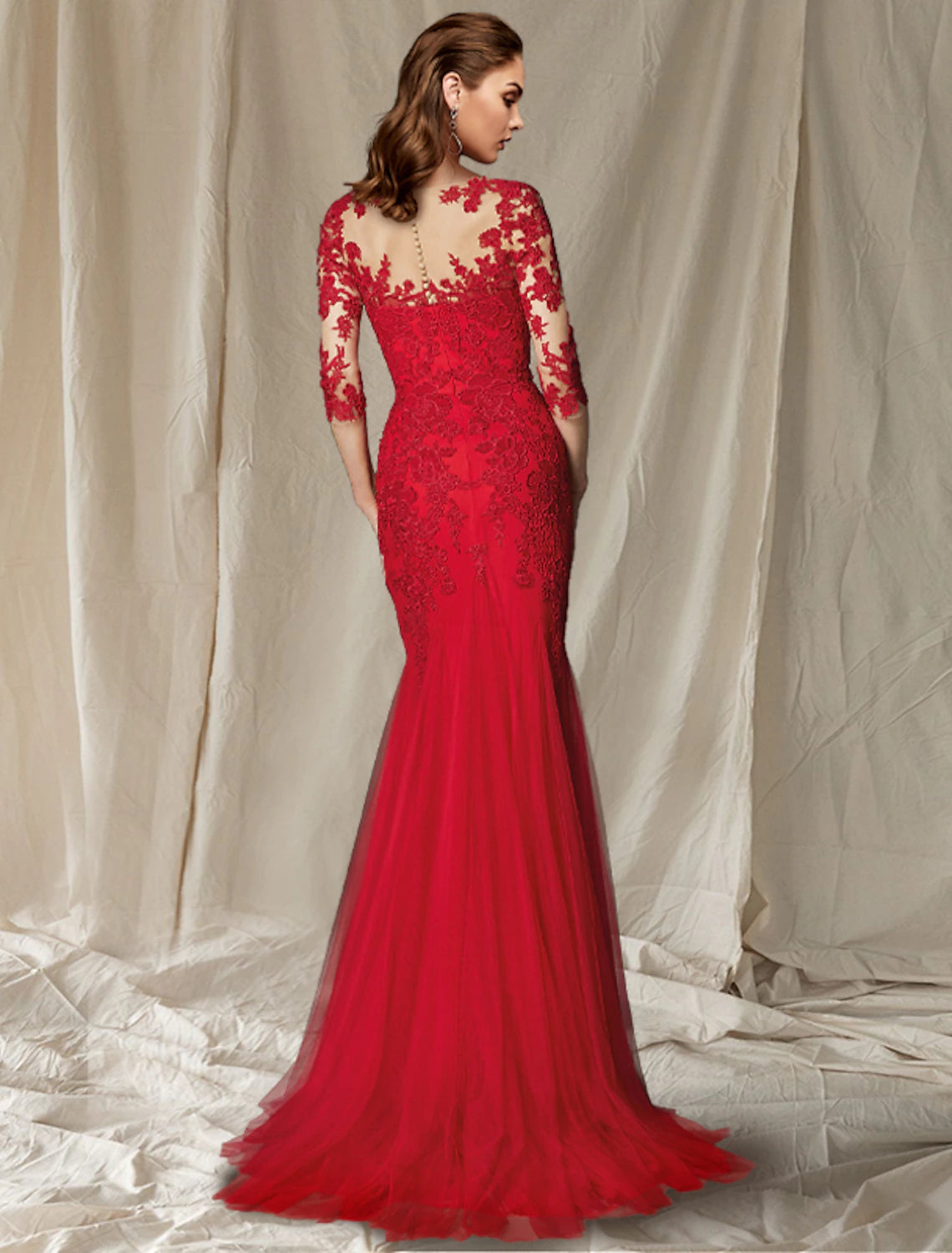 Vestido de sirena/trompeta para madre de la novia, lujoso y elegante, escote en V, cola larga/cortada, encaje, tul, media manga con pliegues y apliques