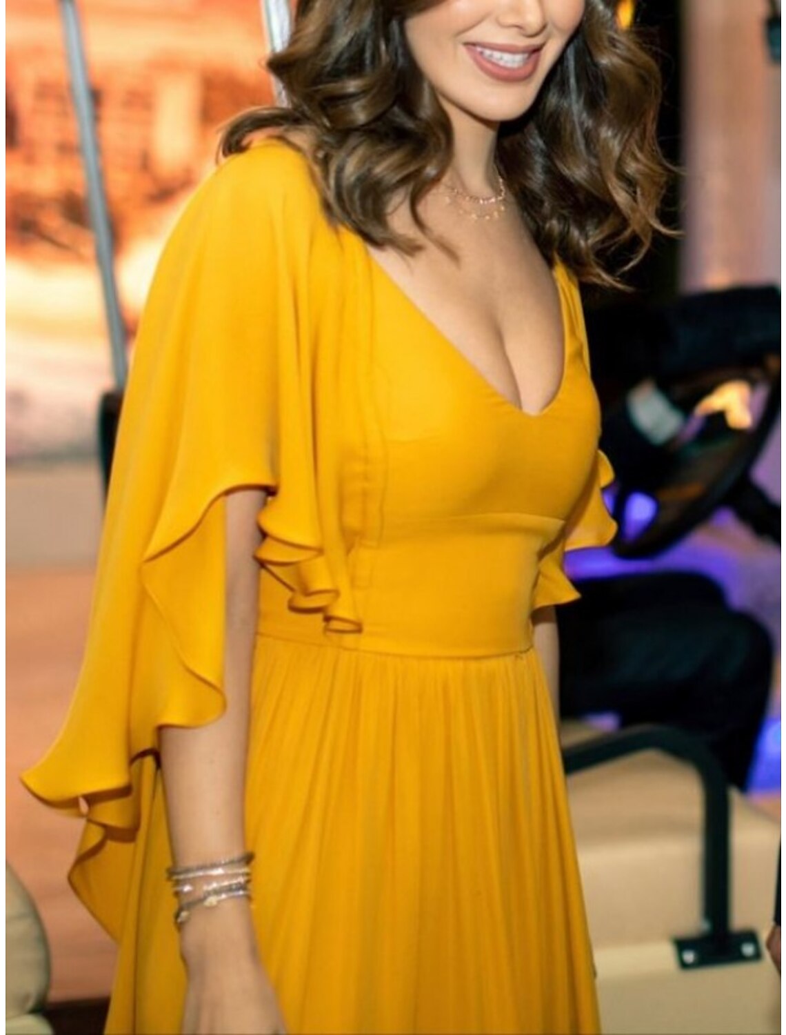 Daffodil Chiffon V-Neck A-Line Floor-Length Evening Dress