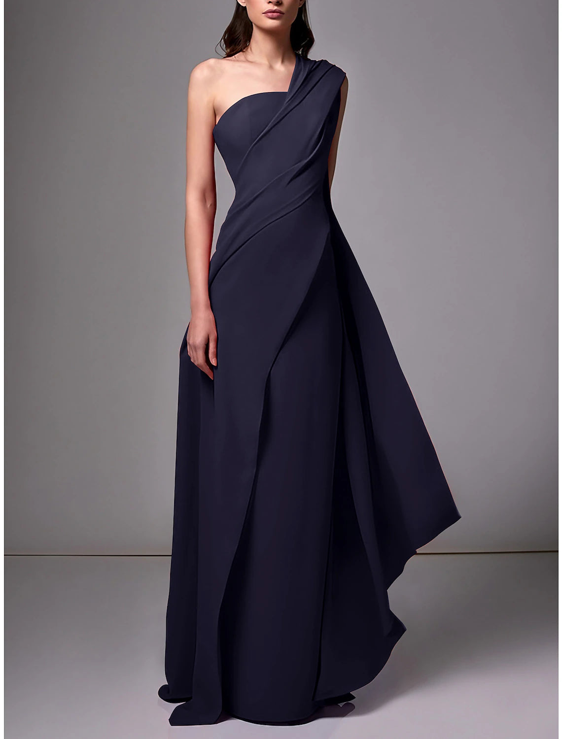 Red Crepe A-Line Floor-Length Evening Dress with One Shoulder Neckline