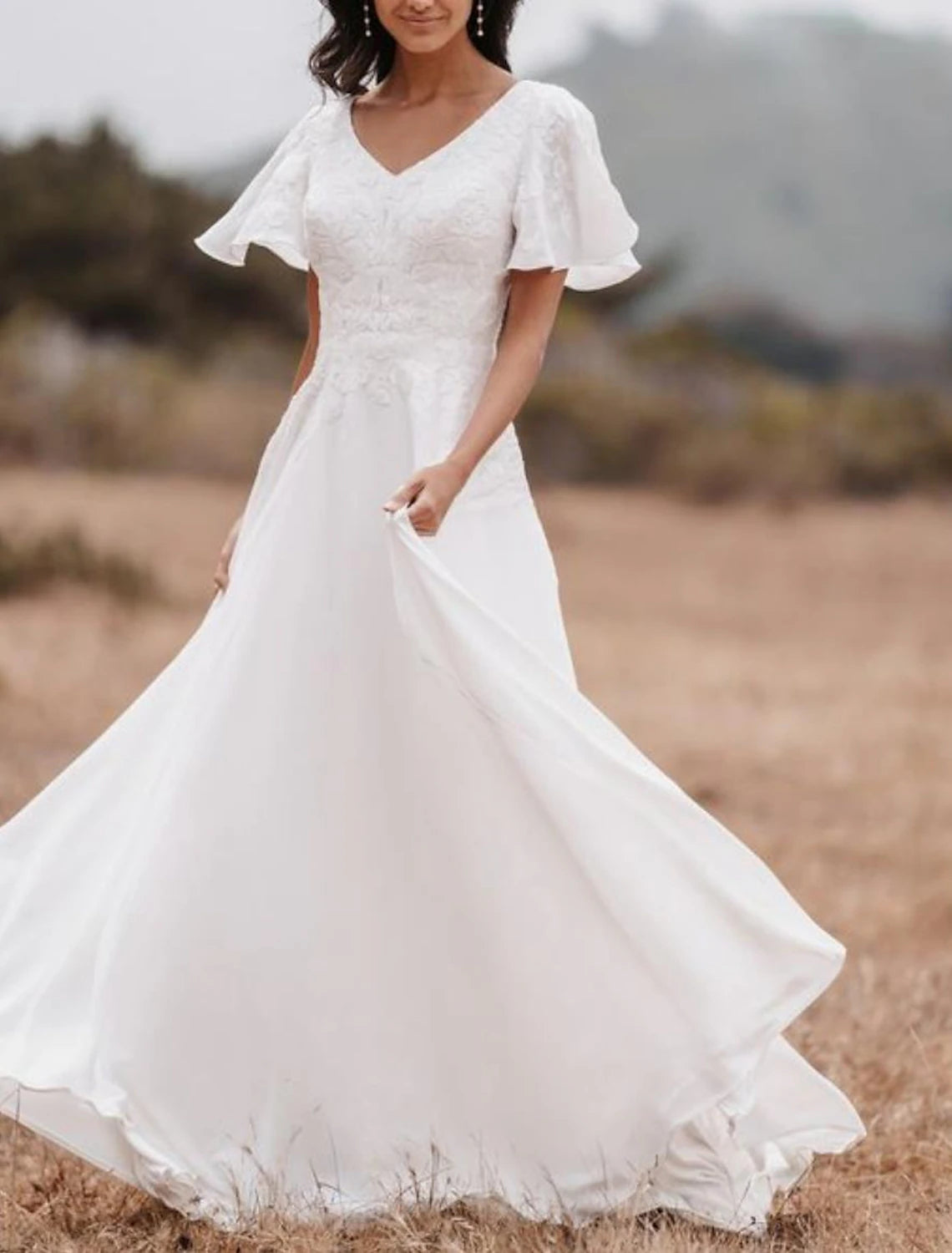 Vestidos de novia blancos cortos, corte A, escote en V, manga corta, largo hasta el suelo, de gasa, con apliques