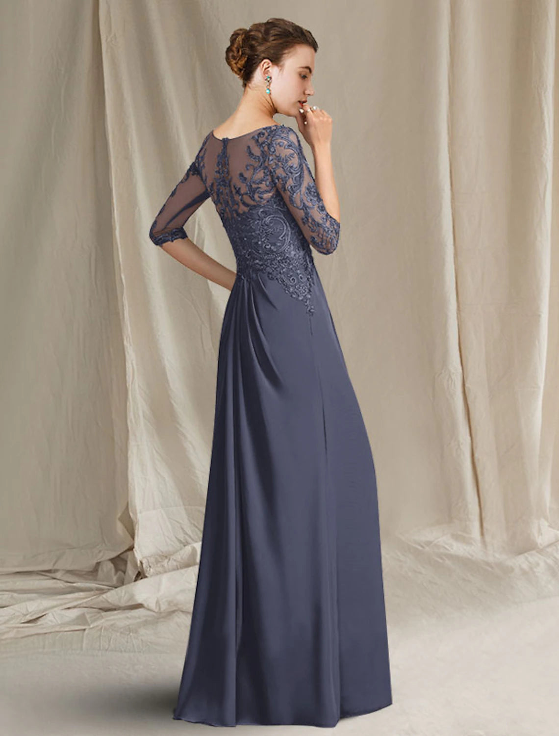 Dark Navy Chiffon A-Line Floor-Length Evening Dress with Illusion Neck and Lace Bodice