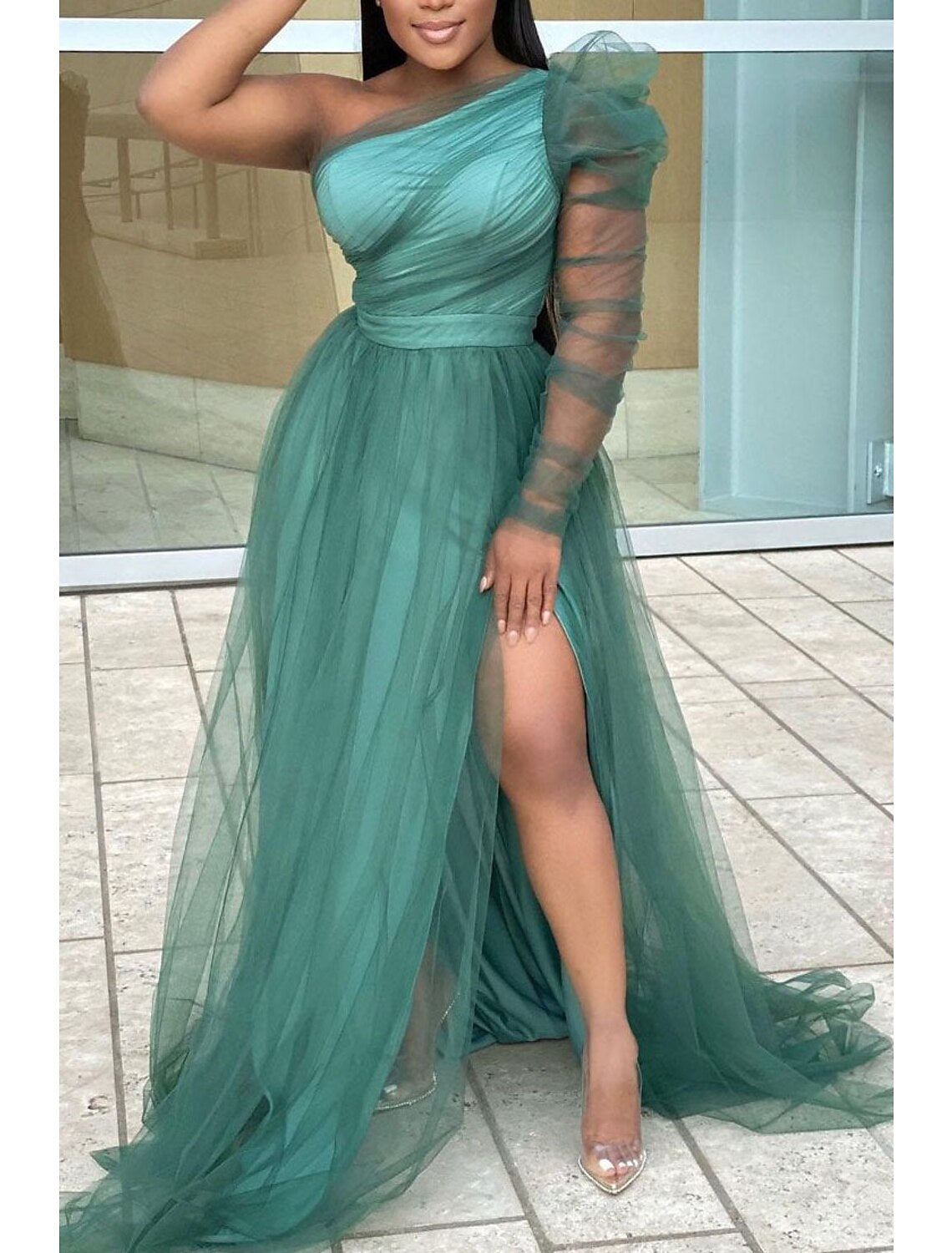 Vestidos de fiesta de corte A, talla grande, para invitados de boda, formales, de noche, con cola larga, de un solo hombro, de tul, con abertura, de la familia Addams, color puro