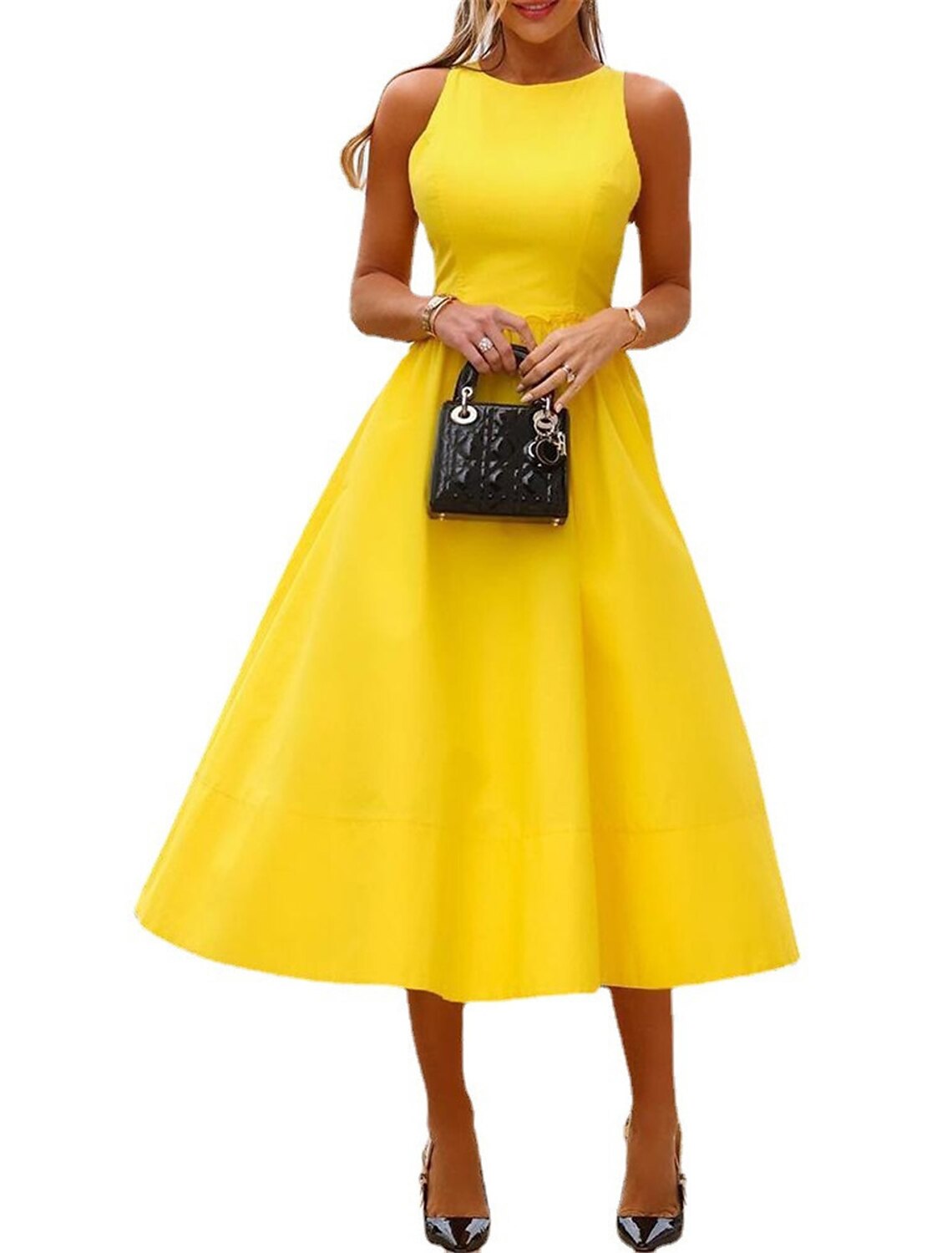Vestido de fiesta para mujer, vestido de regreso a casa, vestido de cóctel, vestido midi amarillo, sin mangas, color puro, fruncido, verano, primavera, cuello redondo, moda, para invitadas de boda, vacaciones, vestido de verano