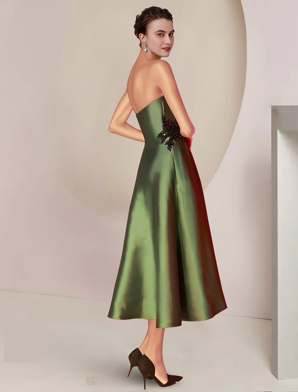 Olive Green Satin Off-the-Shoulder Tea-Length Dress