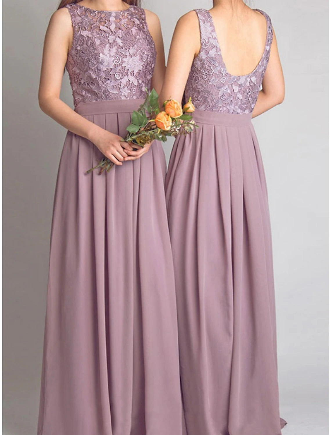 Abito da damigella d'onore a trapezio, scollo a barchetta, senza maniche, elegante, lungo fino al pavimento, in chiffon con pizzo/arricciature