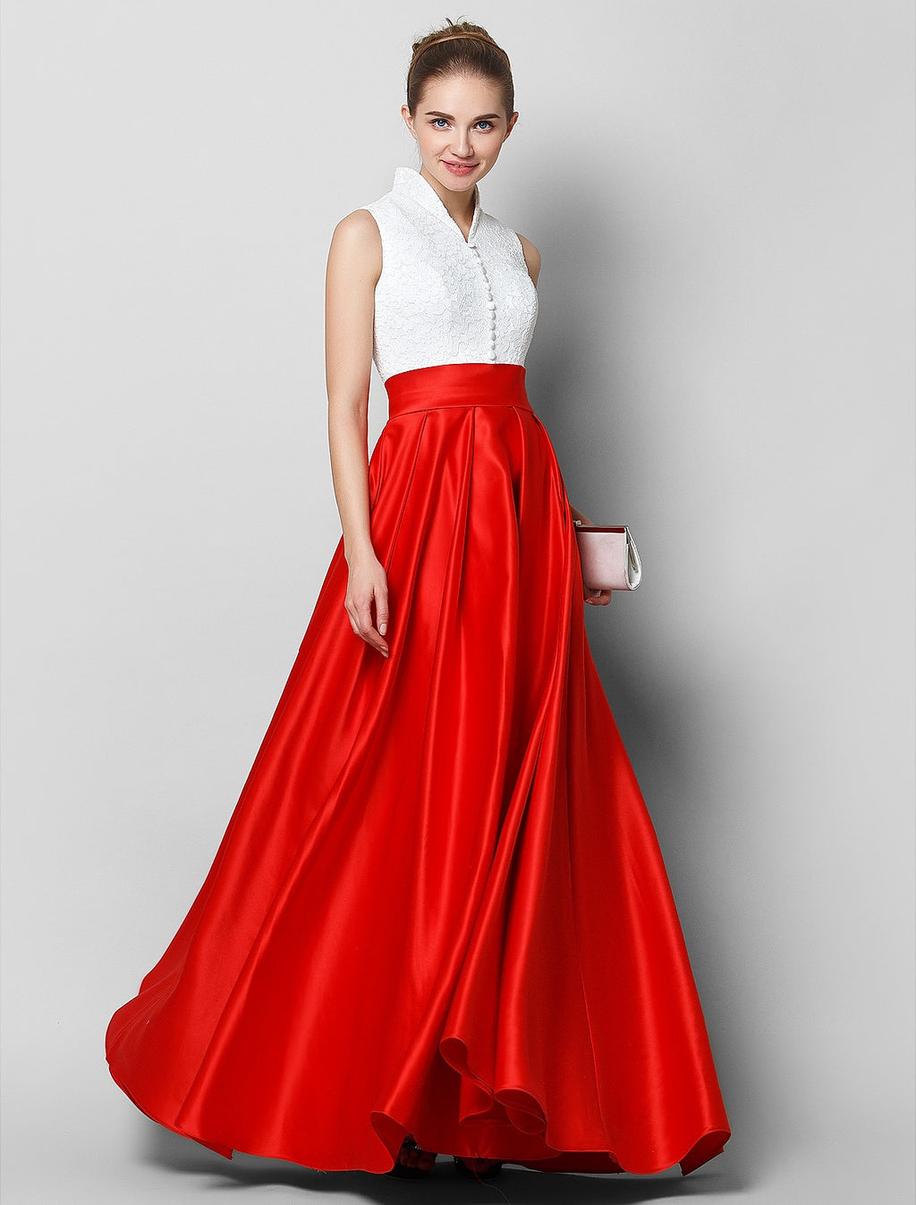 Vestido de gala formal de noche con cuello alto, sin mangas, largo hasta el suelo, de encaje y pliegues, elegante y lujoso, con bloques de color.