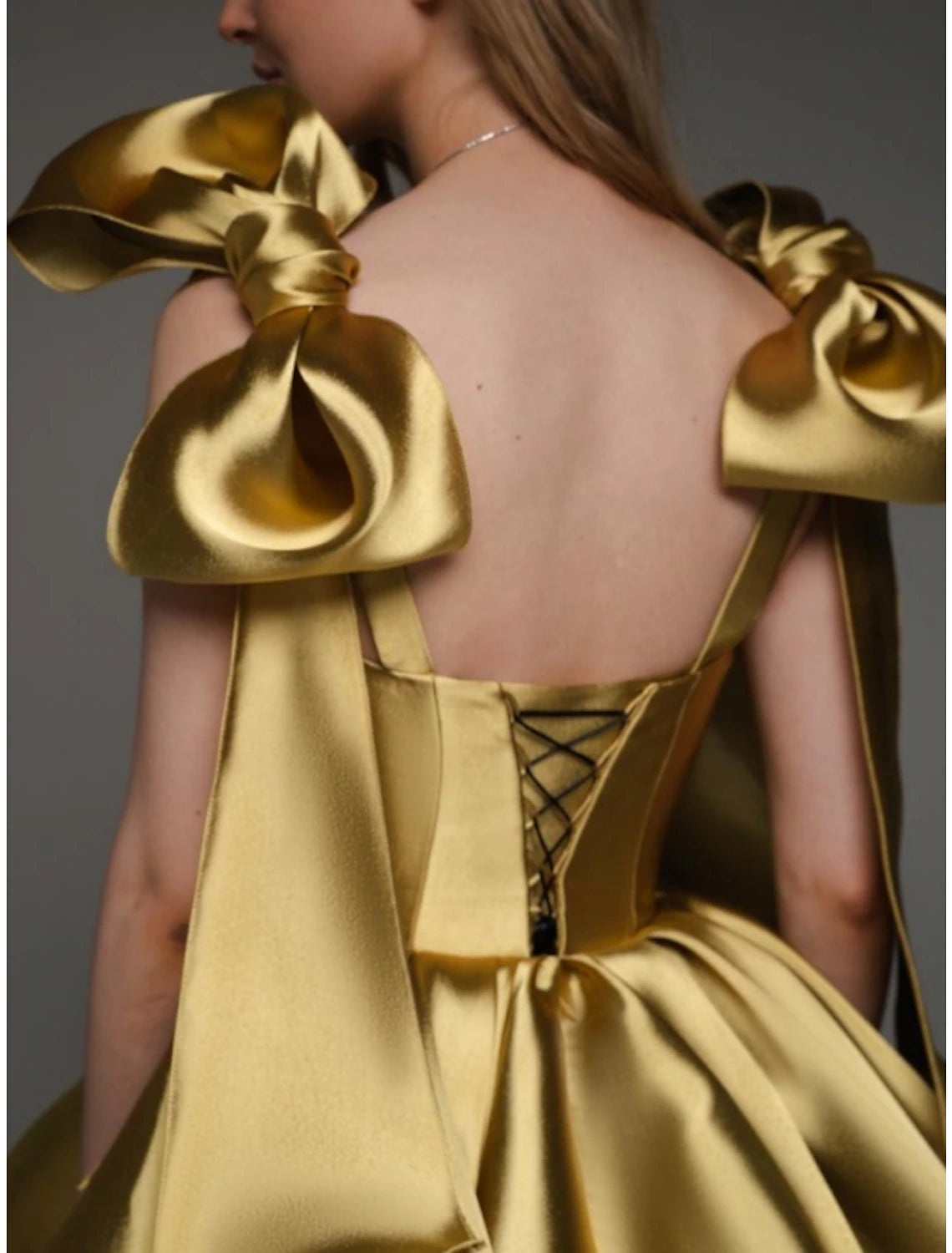 Gold Satin A-Line Short Evening Dress with Sculptural Shoulder Bows