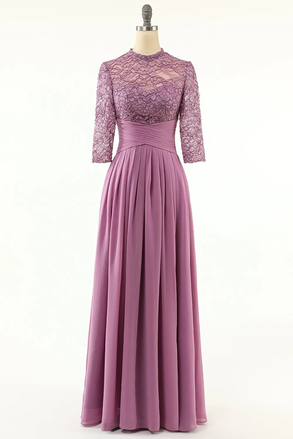 Lavender High Neck A-Line Chiffon Floor-Length Gown with Lace Bodice