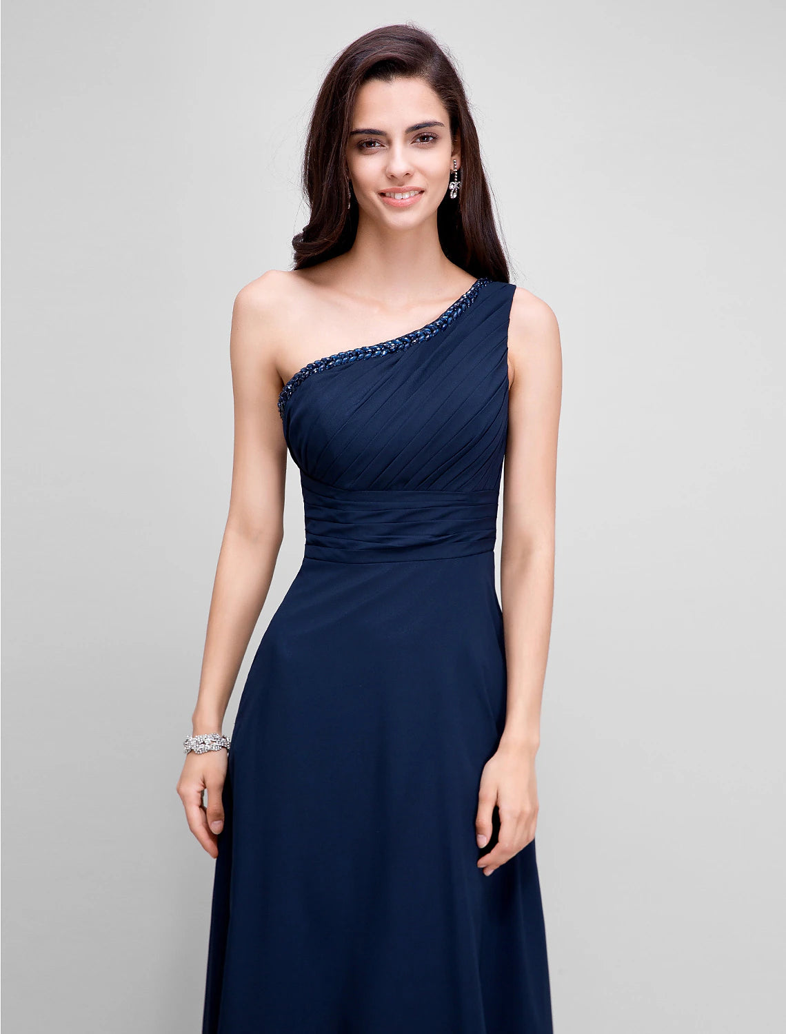Navy Blue Chiffon A-Line One Shoulder Floor-Length Bridesmaid Dress with Pleated Bodice